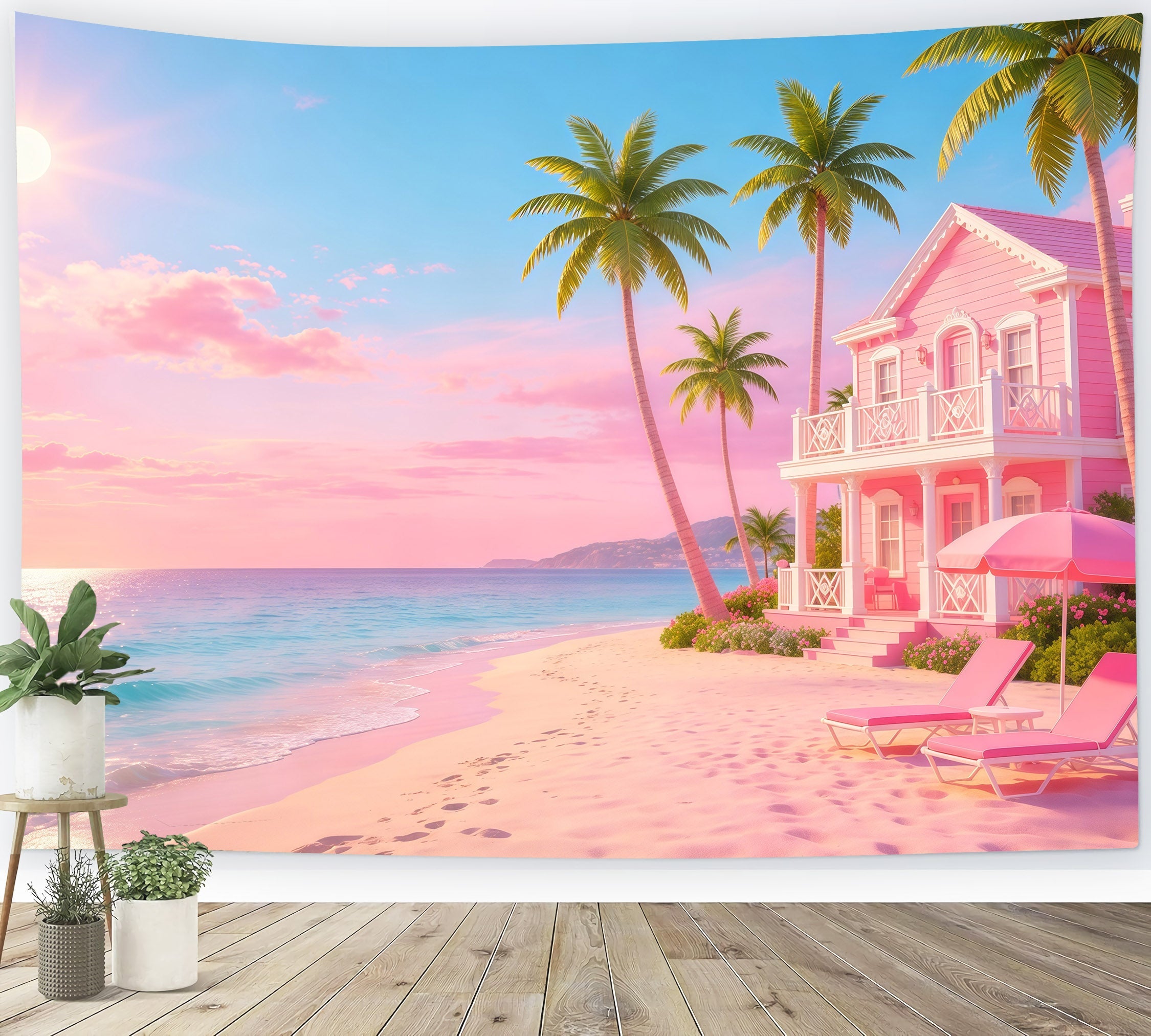 Beach Backdrop Pink Sea House Ocean Escape Beach Photo Backdrop UK CSH64-93