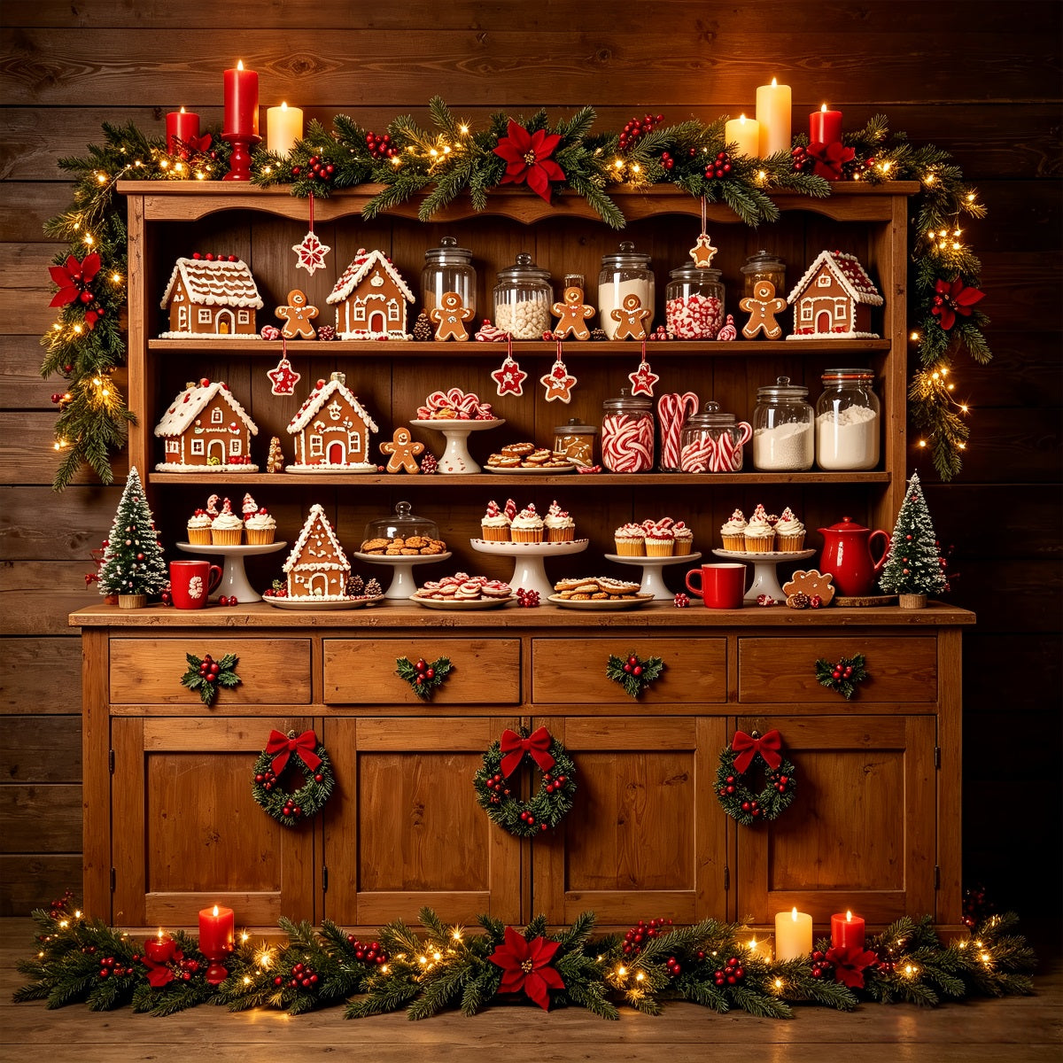 Christmas Bakery Backdrop Gingerbread Candy Cabinet Christmas Photography Backdrops UK CSH68-59