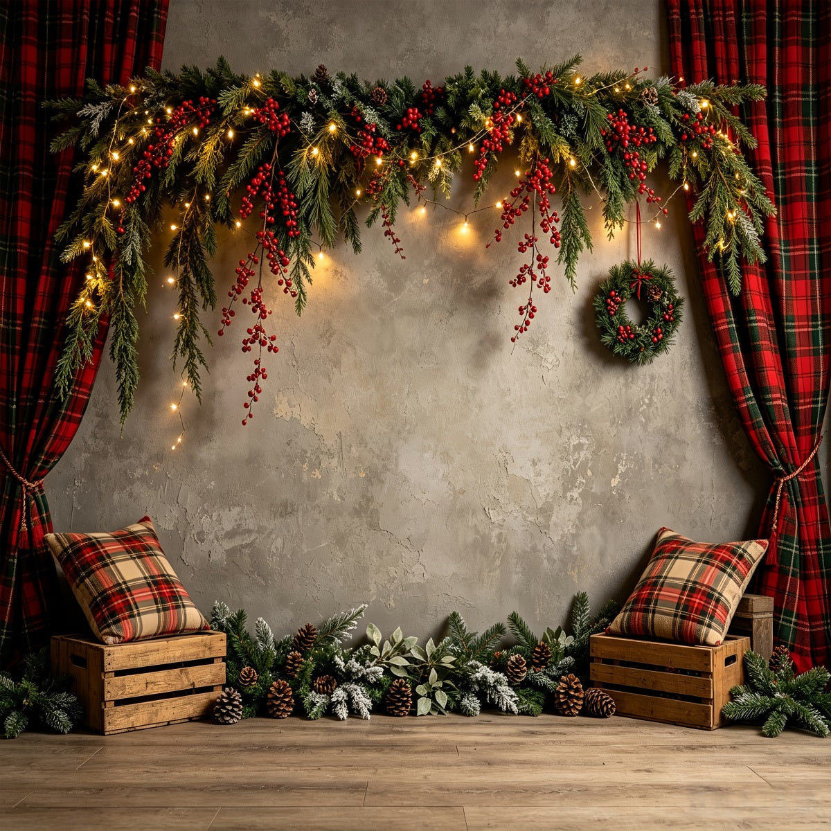 Christmas Wall Backdrop Rustic Plaid Garland Wall Photo Backdrop Christmas UK CSH68-60