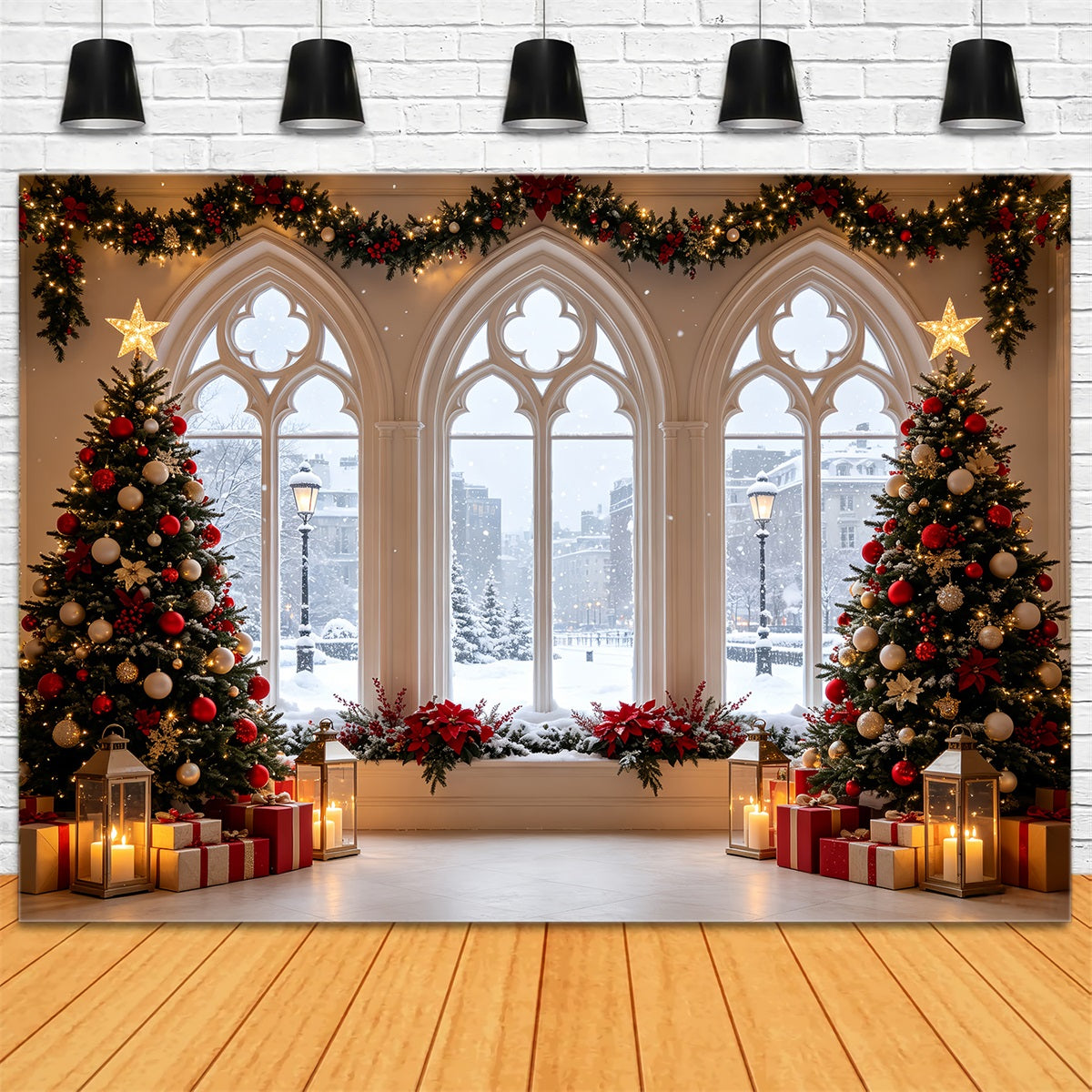Christmas Window Backdrop Snowy Gothic Window Trees Large Christmas Backdrops UK CSH68-61