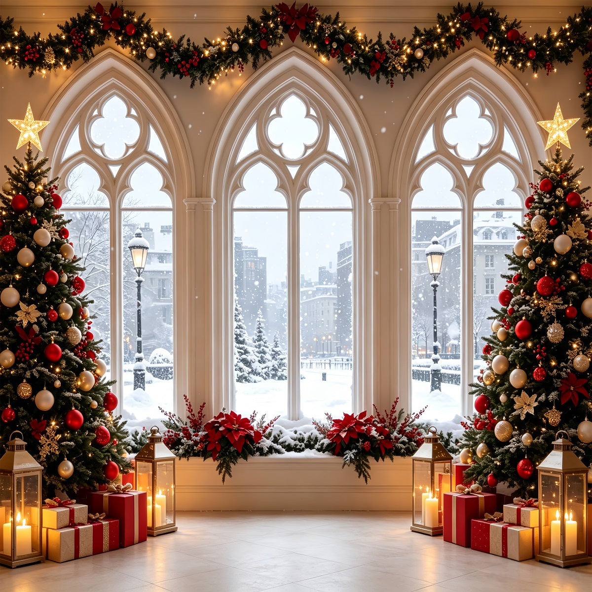 Christmas Window Backdrop Snowy Gothic Window Trees Large Christmas Backdrops UK CSH68-61