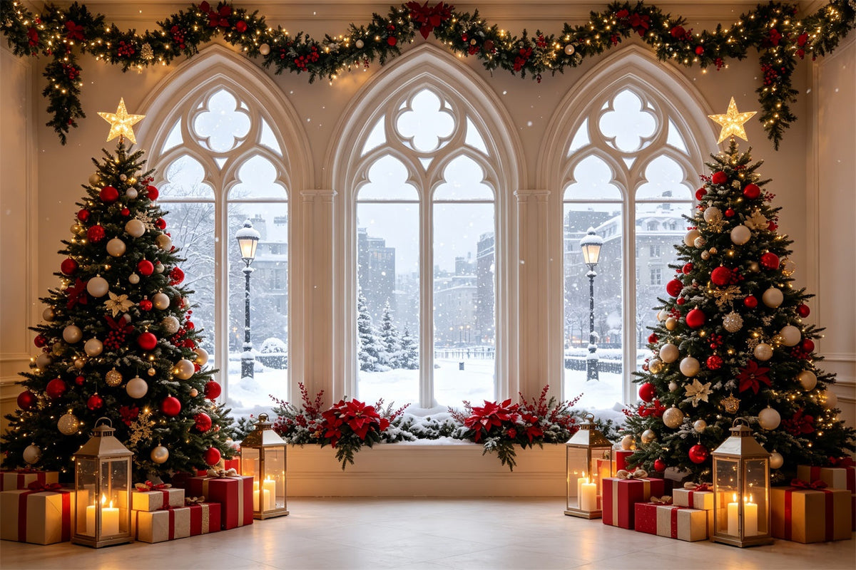 Christmas Window Backdrop Snowy Gothic Window Trees Large Christmas Backdrops UK CSH68-61