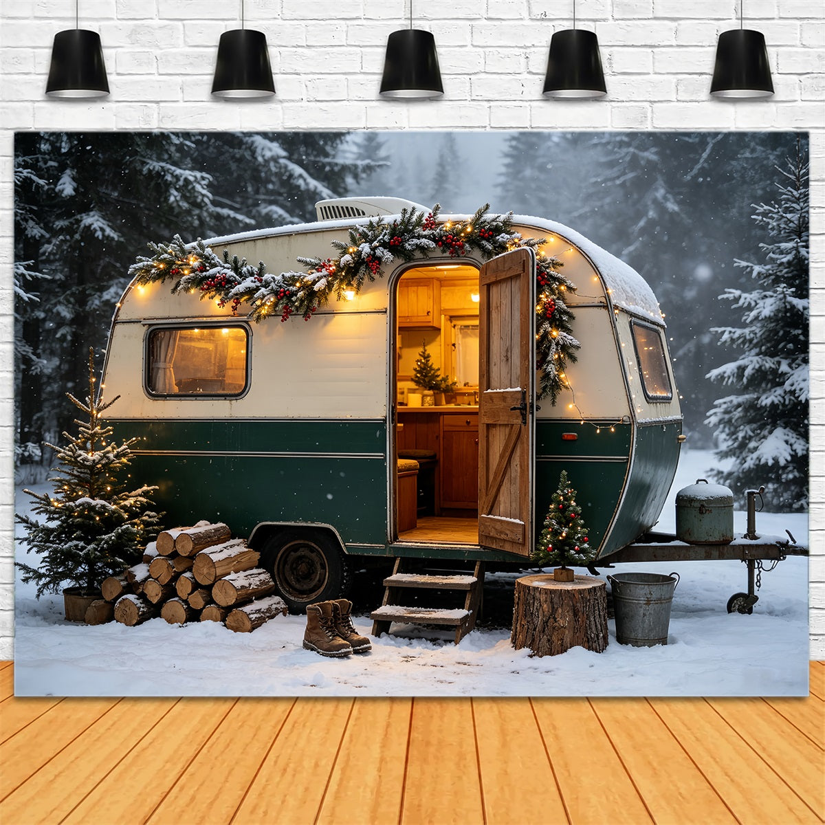 Christmas Camper Photography Backdrop Vintage Camper Woodland Backdrops Christmas UK CSH68-65