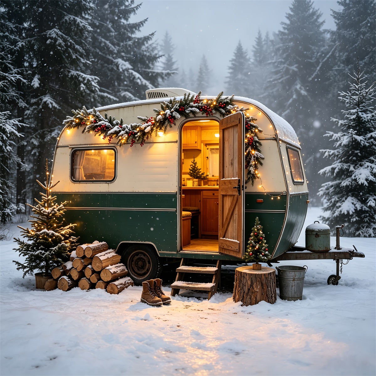 Christmas Camper Photography Backdrop Vintage Camper Woodland Backdrops Christmas UK CSH68-65