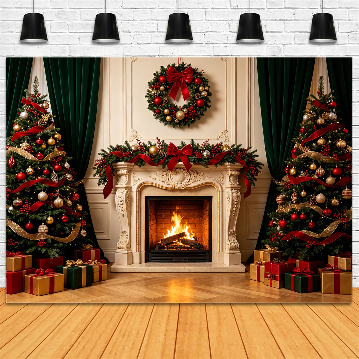 Christmas Fireplace Backdrop Elegant Wall Mantel Photography Backdrops Christmas UK CSH68-67