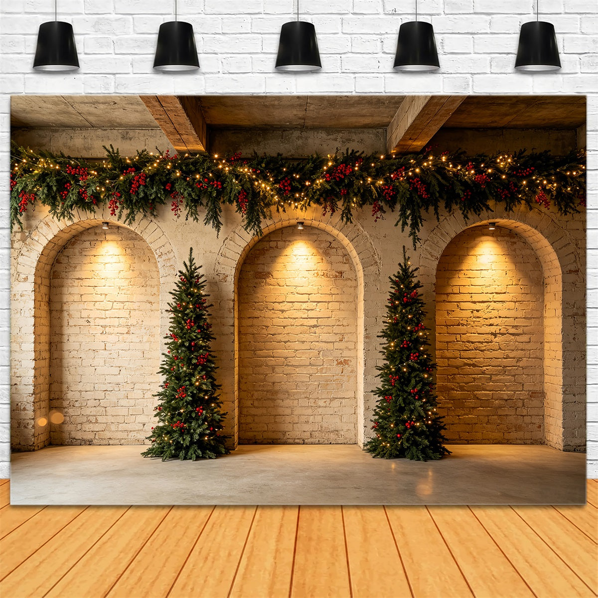 Christmas Wall Backdrop Brick Arch Garland Trees Photo Backdrops Christmas UK CSH68-68