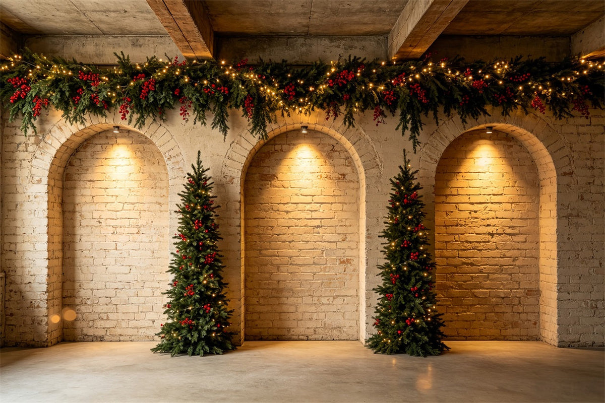 Christmas Wall Backdrop Brick Arch Garland Trees Photo Backdrops Christmas UK CSH68-68