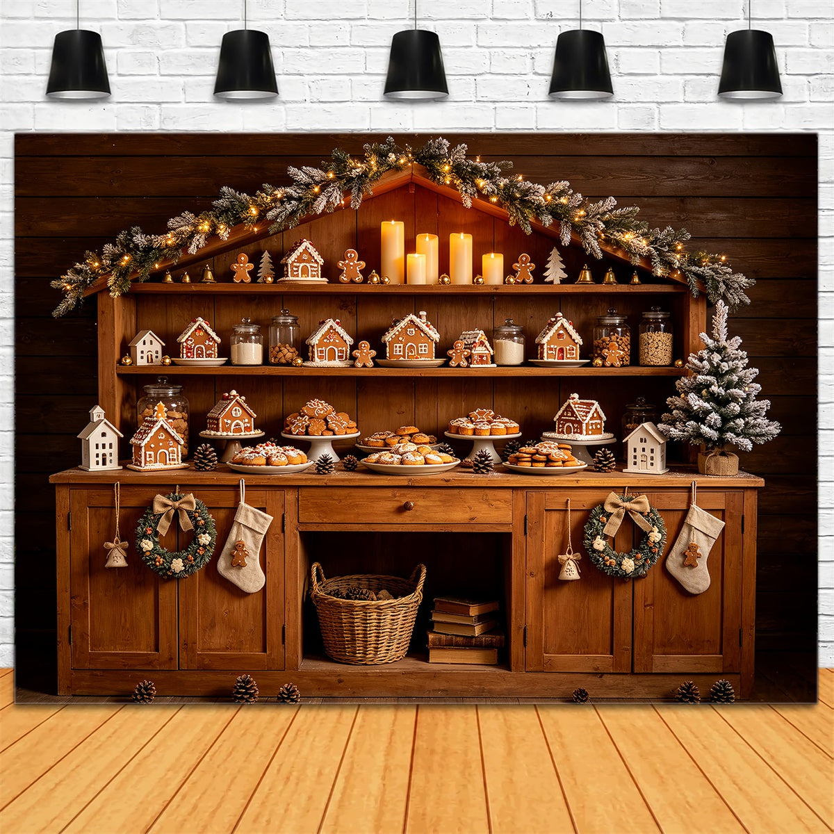 Christmas Bakery Backdrop Gingerbread Cabin Shelf Christmas Photo Backdrops UK CSH68-69