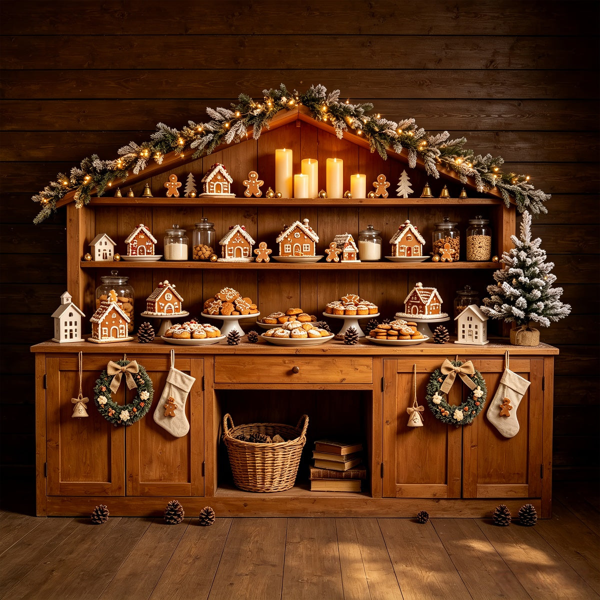 Christmas Bakery Backdrop Gingerbread Cabin Shelf Christmas Photo Backdrops UK CSH68-69