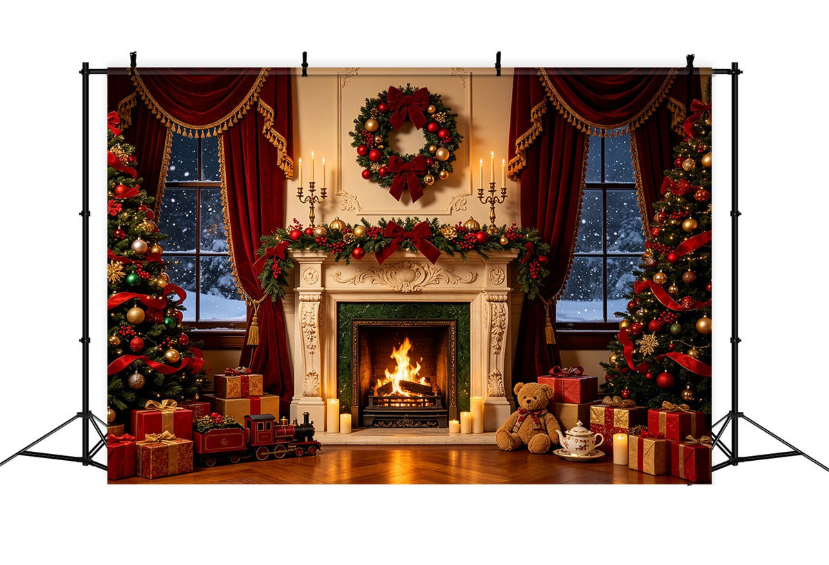 Christmas Fireplace Backdrop Luxury Window Ribbon Decor Photography Backdrop Christmas UK CSH68-71