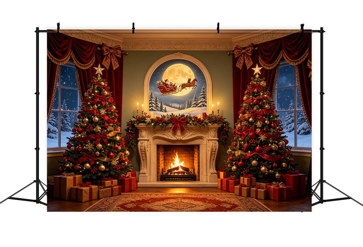 Victorian Christmas Backdrop Moonlit Fireplace Trees Photo Christmas Backdrop UK CSH68-74