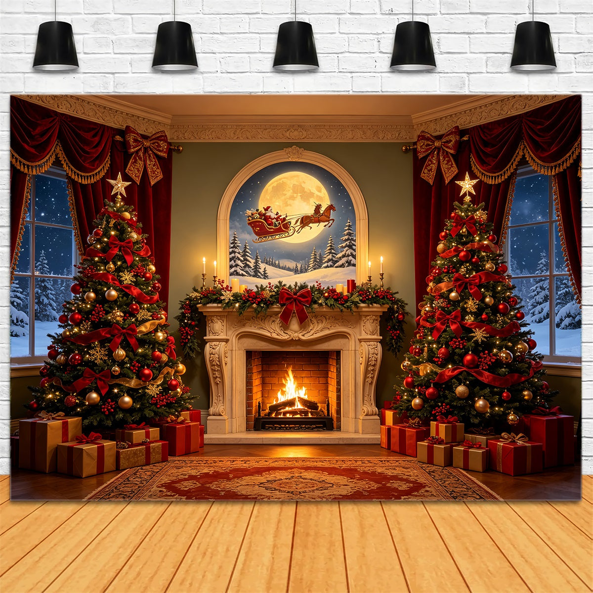 Victorian Christmas Backdrop Moonlit Fireplace Trees Photo Christmas Backdrop UK CSH68-74