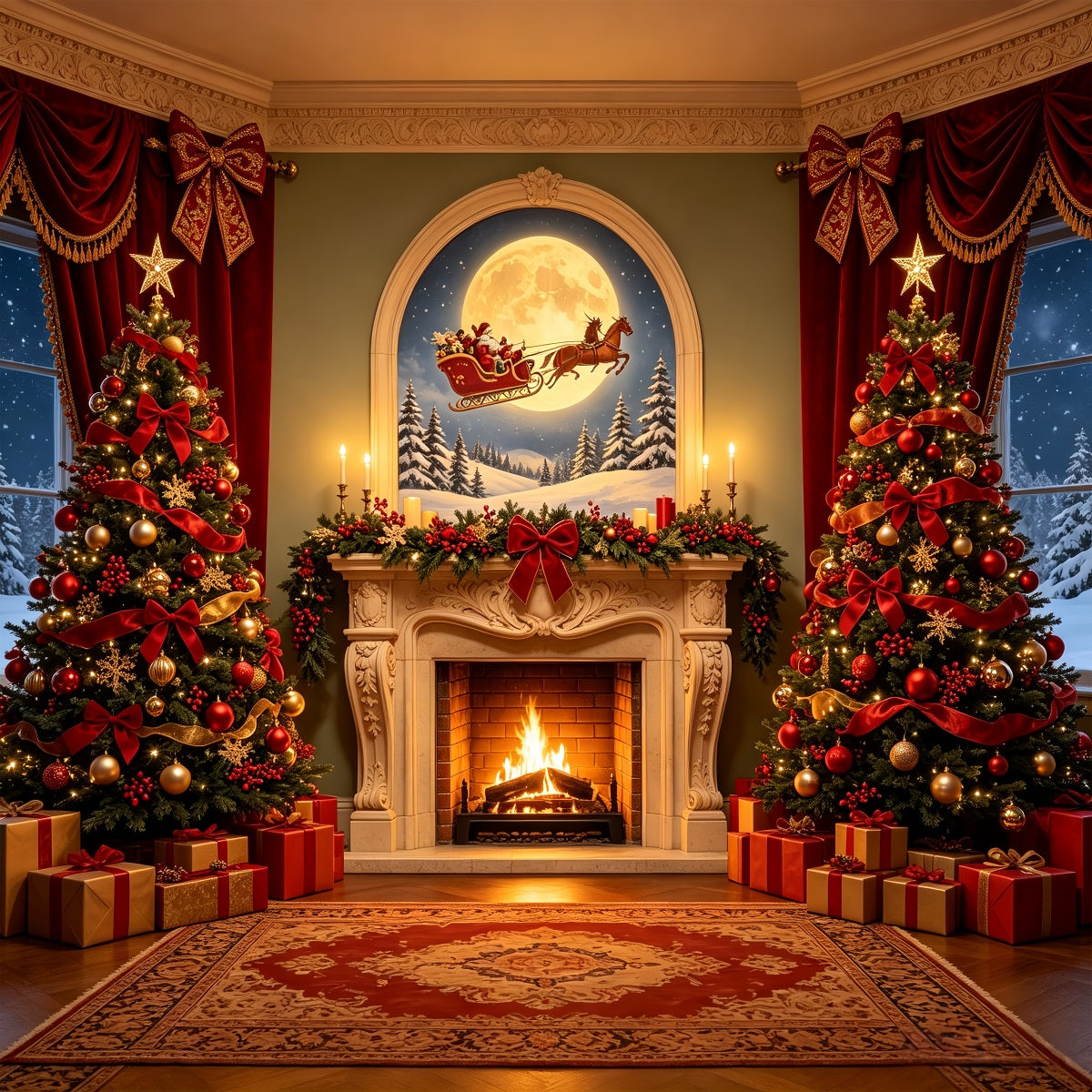 Victorian Christmas Backdrop Moonlit Fireplace Trees Photo Christmas Backdrop UK CSH68-74