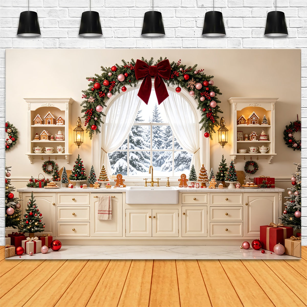 Christmas Kitchen Backdrop Snowy Fireplace Garland Christmas Studio Backdrops UK CSH68-76