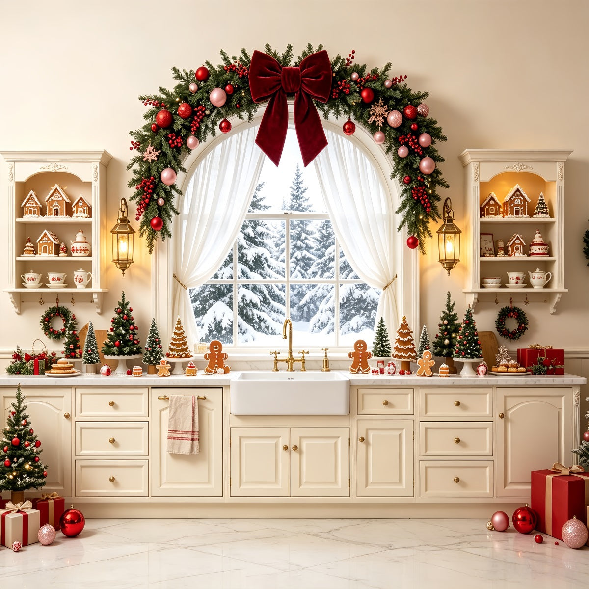 Christmas Kitchen Backdrop Snowy Fireplace Garland Christmas Studio Backdrops UK CSH68-76