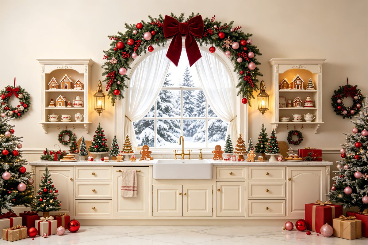 Christmas Kitchen Backdrop Snowy Fireplace Garland Christmas Studio Backdrops UK CSH68-76