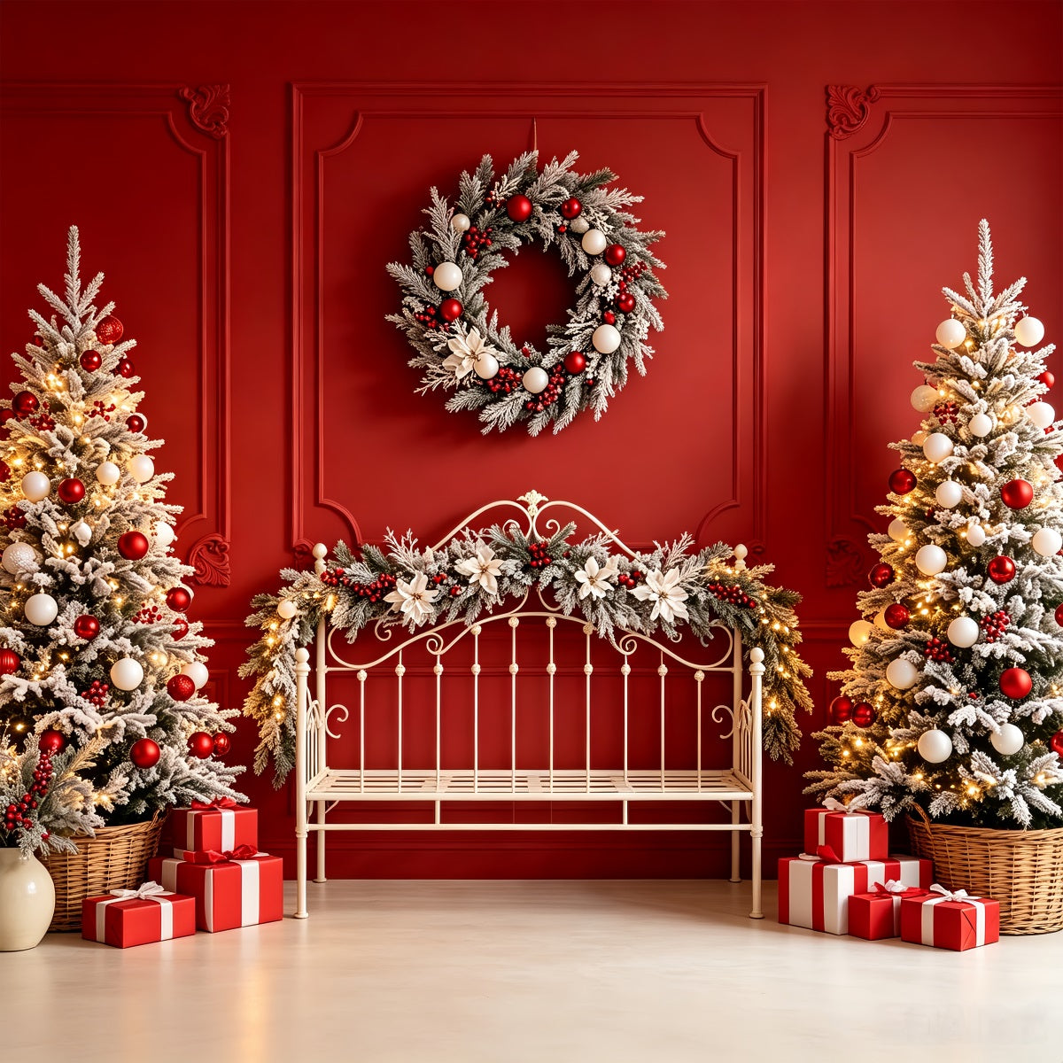 Christmas Headboard Backdrop Red Bench Frosted Trees Christmas Muslin Backdrop UK CSH68-80
