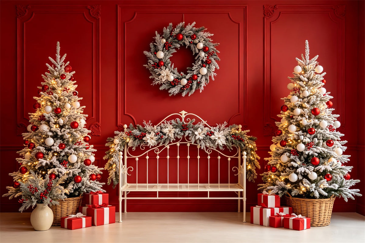Christmas Headboard Backdrop Red Bench Frosted Trees Christmas Muslin Backdrop UK CSH68-80