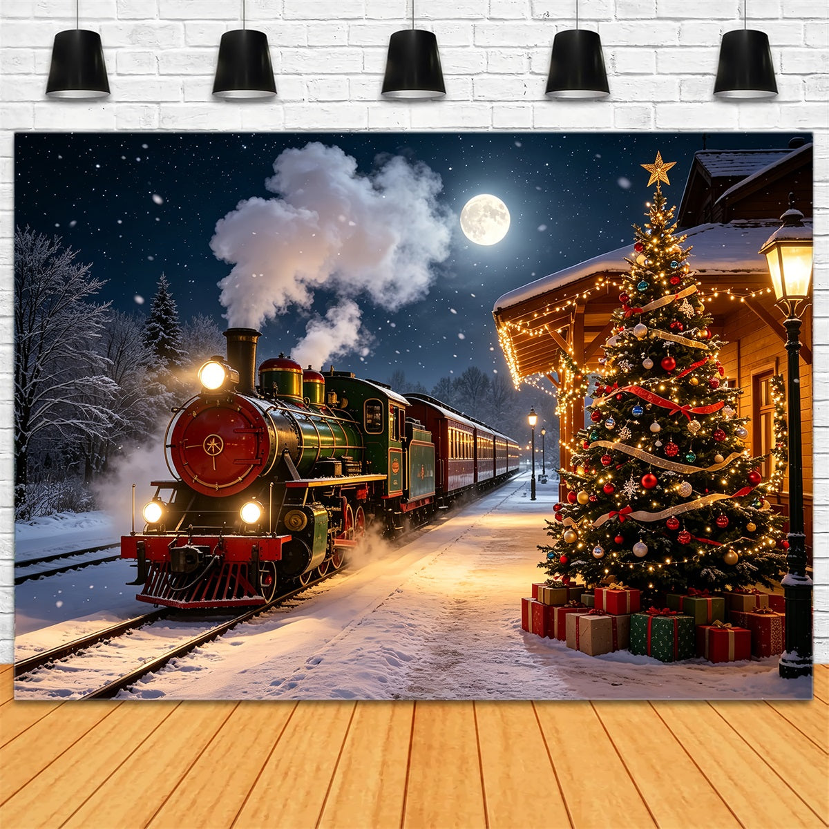 Christmas Train Backdrop Snowy Station Tree Lights Indoor Christmas Backdrops UK CSH68-82