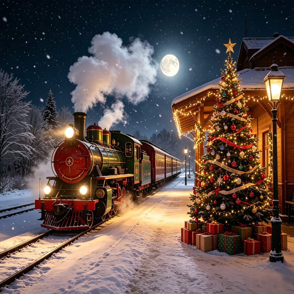 Christmas Train Backdrop Snowy Station Tree Lights Indoor Christmas Backdrops UK CSH68-82