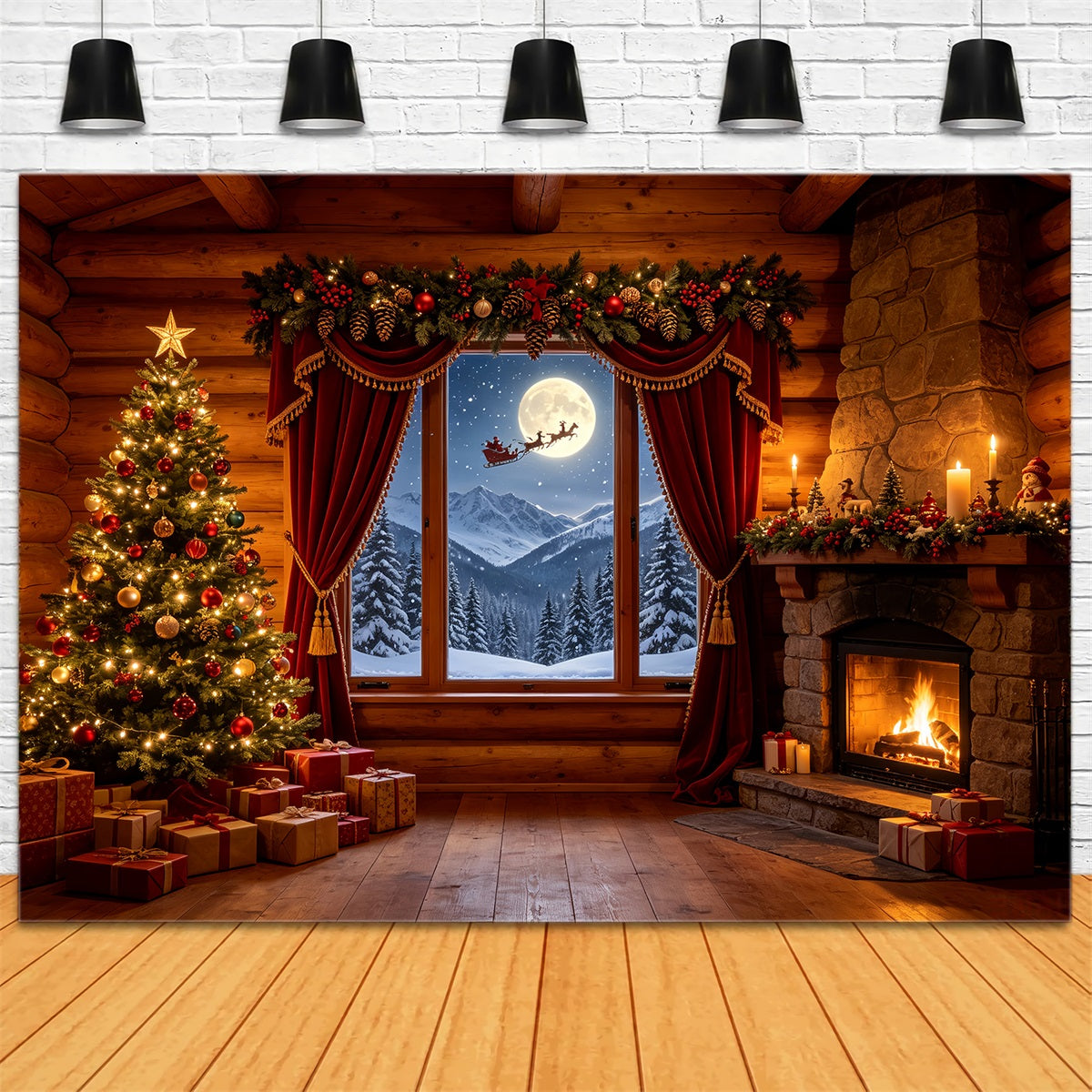 Christmas Cabin Backdrop Rustic Cabin Mountain Window Professional Christmas Backdrop UK CSH68-83