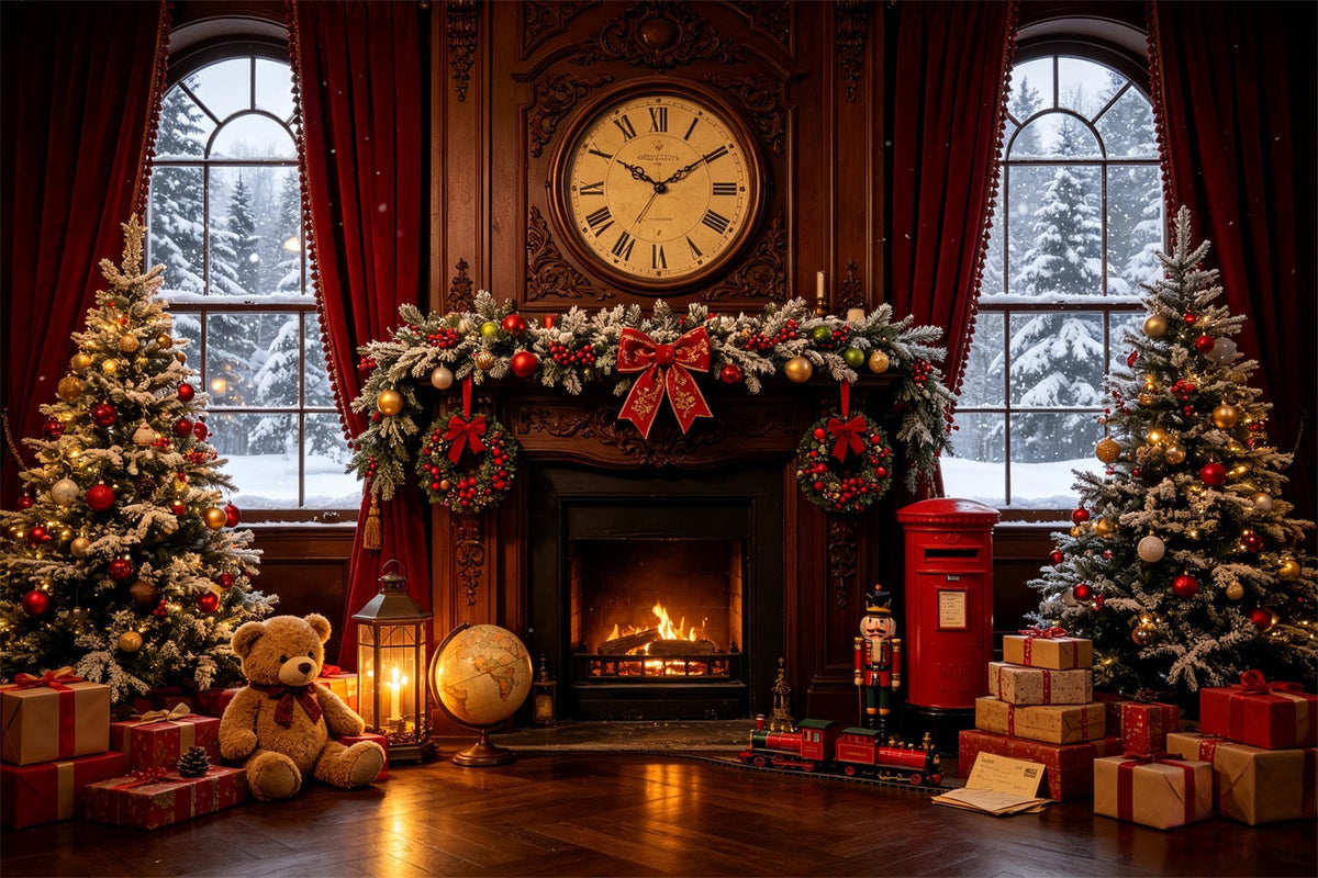 Vintage Christmas Backdrop Vintage Fireplace Clock Room Photographic Backdrops Christmas UK CSH68-87