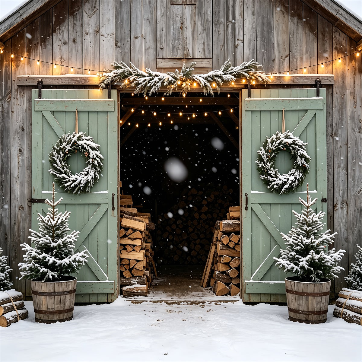 Christmas Barn Door Backdrop Snowy Barn Entrance Christmas Backdrops UK CSH68-90