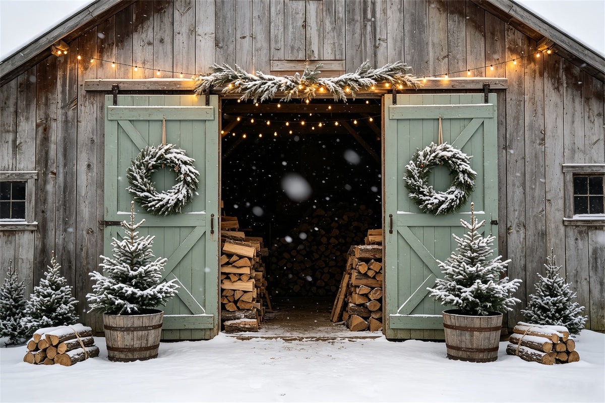 Christmas Barn Door Backdrop Snowy Barn Entrance Christmas Backdrops UK CSH68-90