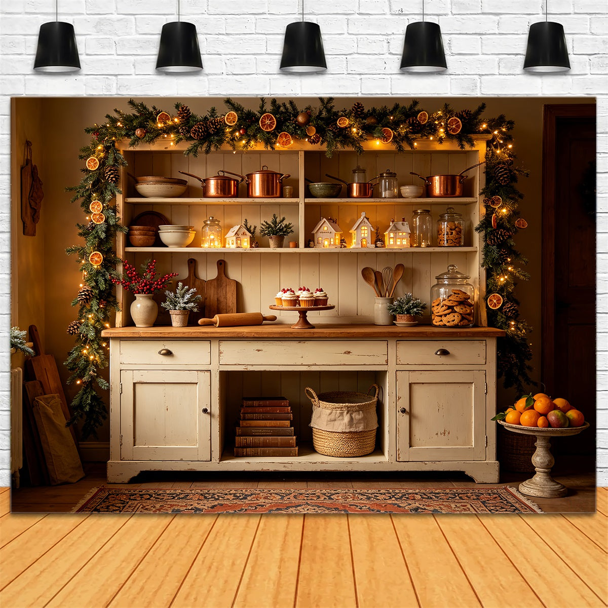 Christmas Kitchen Backdrop Rustic Orange Garland Kitchen Backdrop Christmas UK CSH68-93