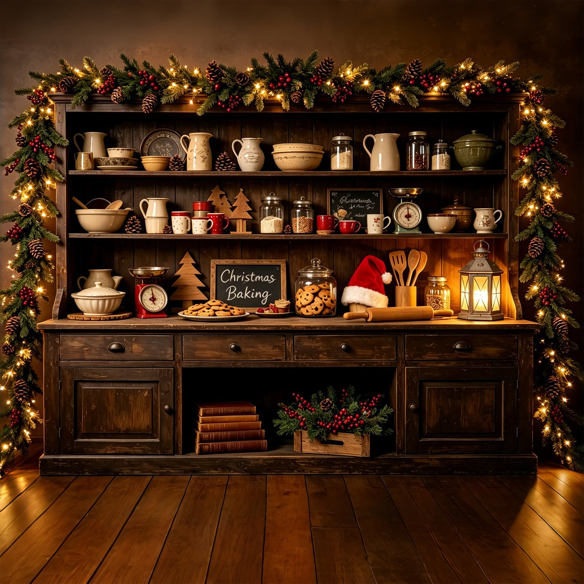 Christmas Kitchen Backdrops Dark Woodland Baking Shelf Christmas Photography Backdrop UK CSH68-94