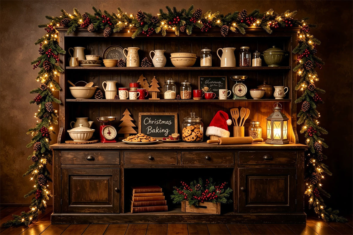 Christmas Kitchen Backdrops Dark Woodland Baking Shelf Christmas Photography Backdrop UK CSH68-94