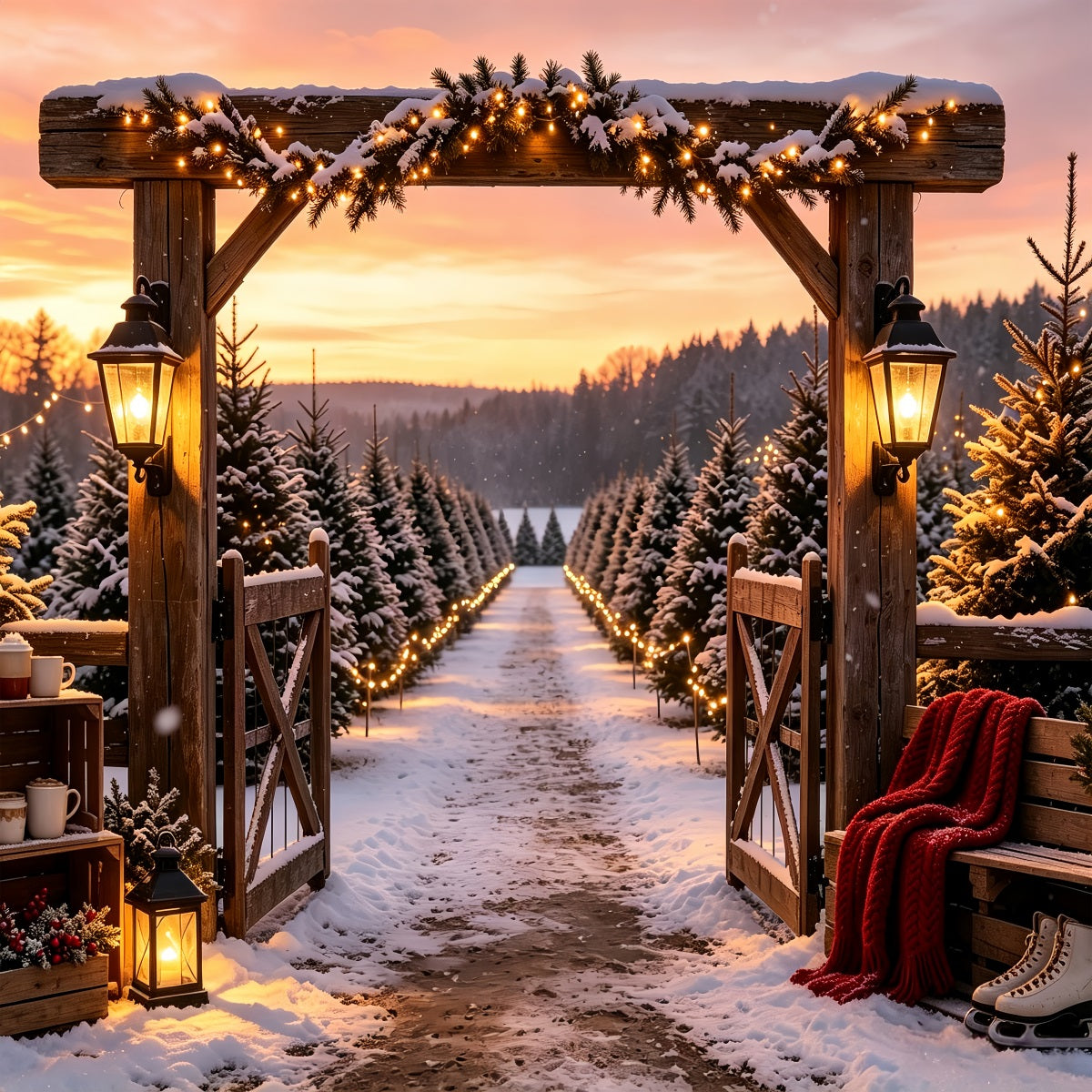 Christmas Tree Farm Backdrop Snowy Pine Gate Entrance Professional Christmas Backdrops UK CSH68-95