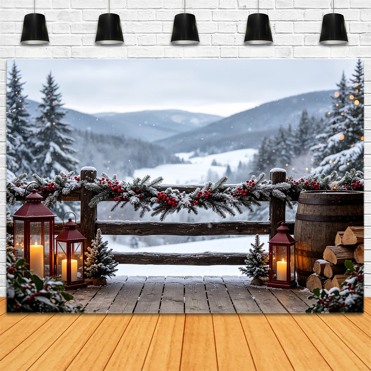 Christmas Scenery Backdrop Mountain Lodge Garland View Large Christmas Backdrops UK CSH68-98