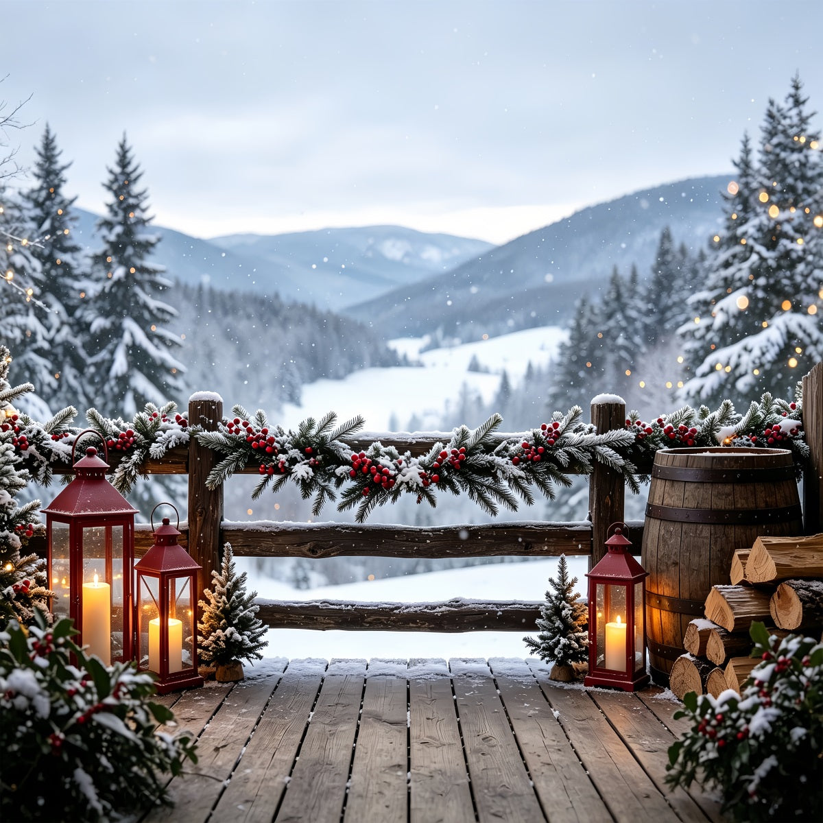 Christmas Scenery Backdrop Mountain Lodge Garland View Large Christmas Backdrops UK CSH68-98