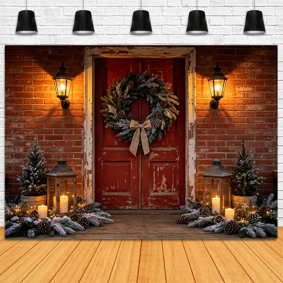 Christmas House Backdrop Brick Door Wreath Entrance Christmas Wall Backdrop UK CSH68-99