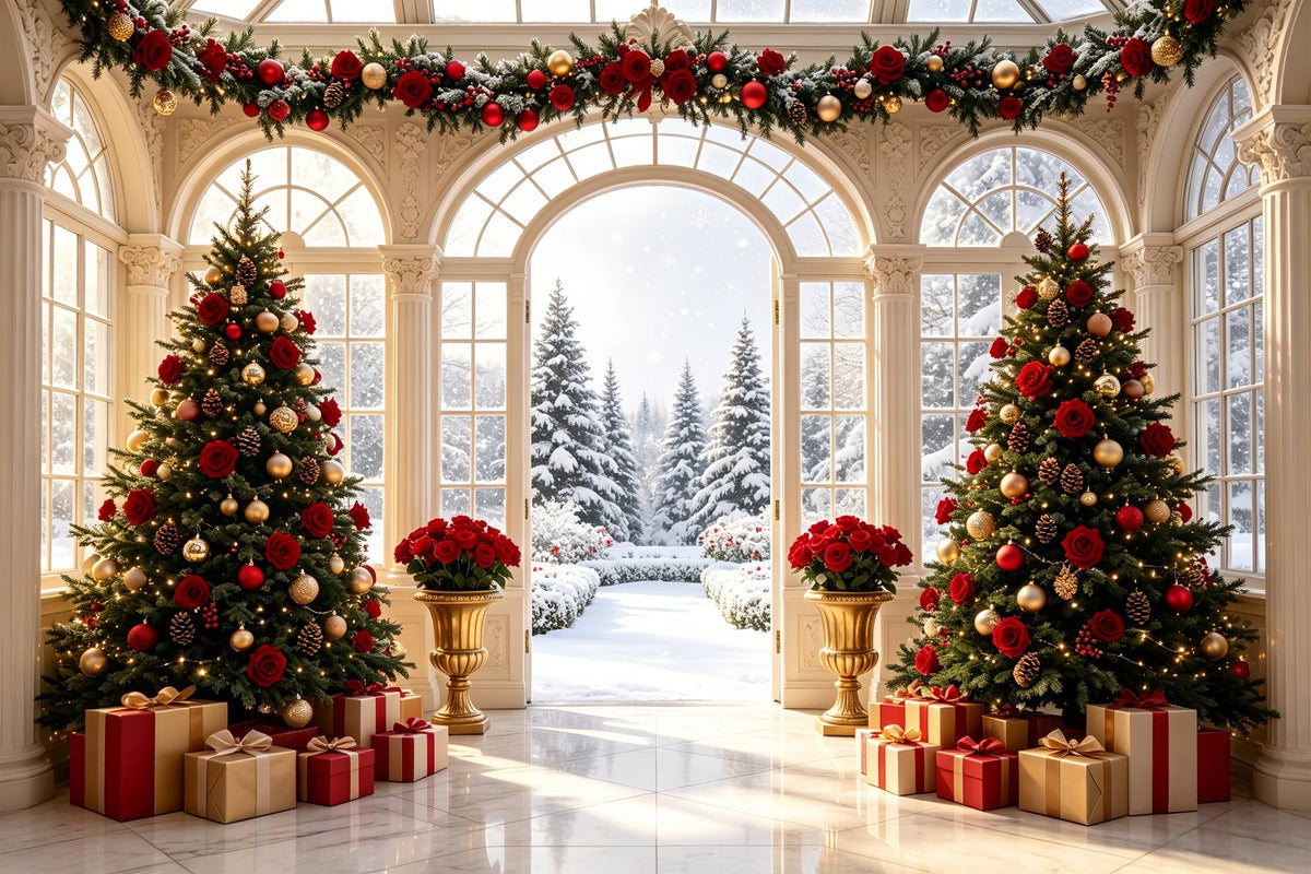 Christmas Door Backdrop Rose Conservatory Snow View Large Christmas Backdrop UK CSH69-1