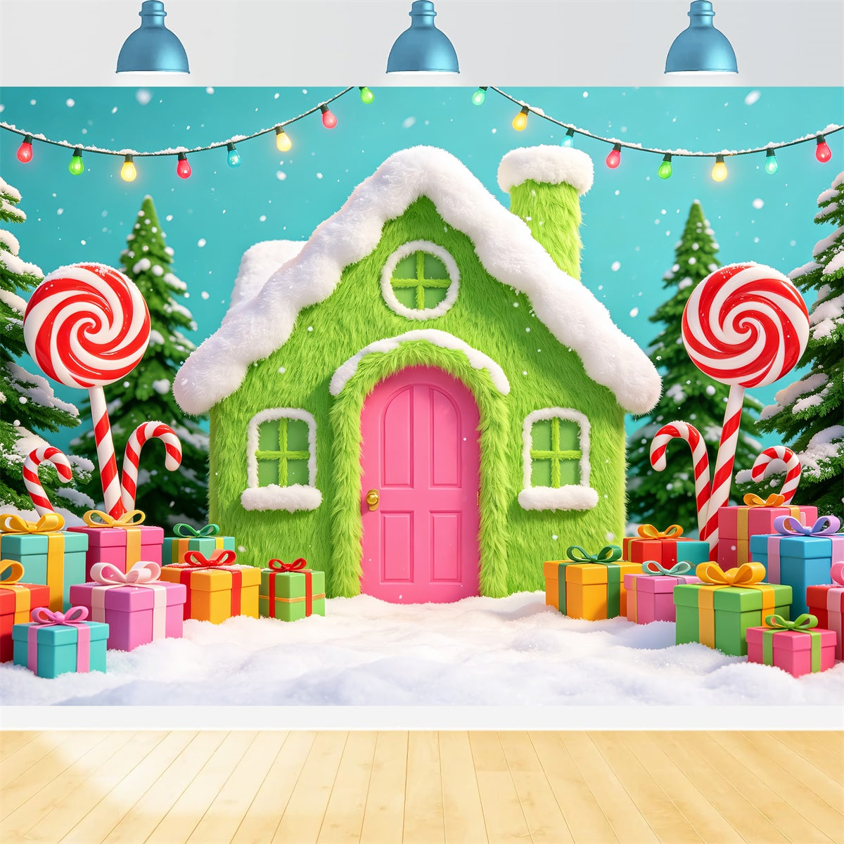 Gingerbread House Backdrops Green Candy Cottage Gifts Pink Christmas Backdrop UK CSH69-102