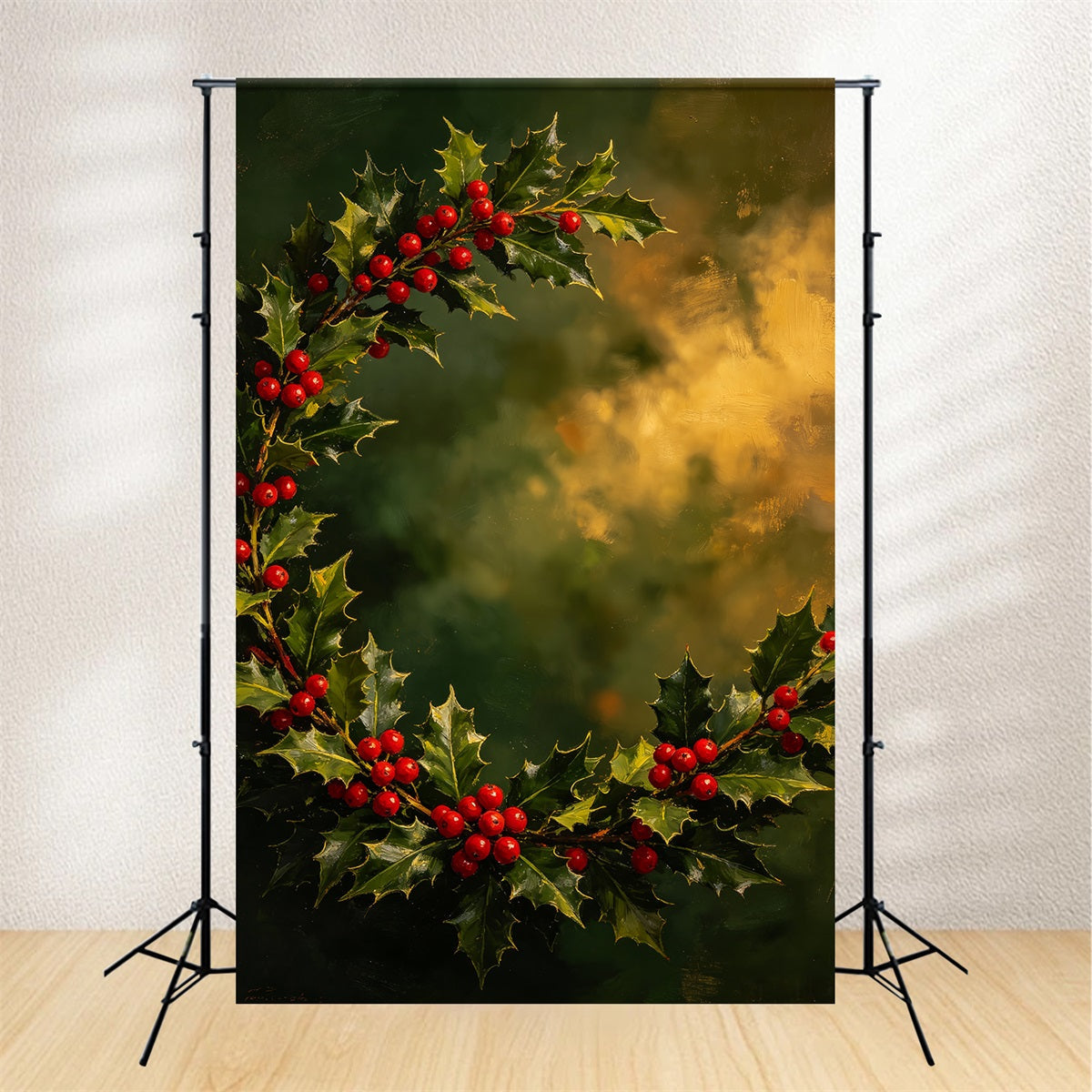 Christmas Portrait Backdrop Holly Berry Painted Wreath Christmas Picture Backdrop UK CSH69-103