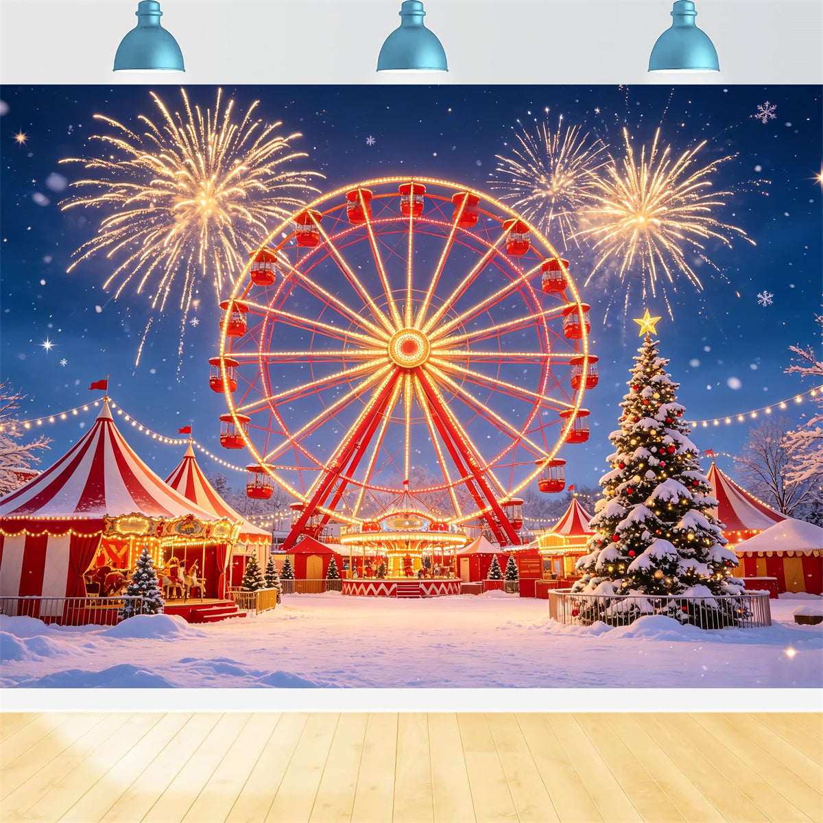 Christmas Backdrop For Party Snowy Ferris Wheel Fireworks Christmas Party Backdrop UK CSH69-105