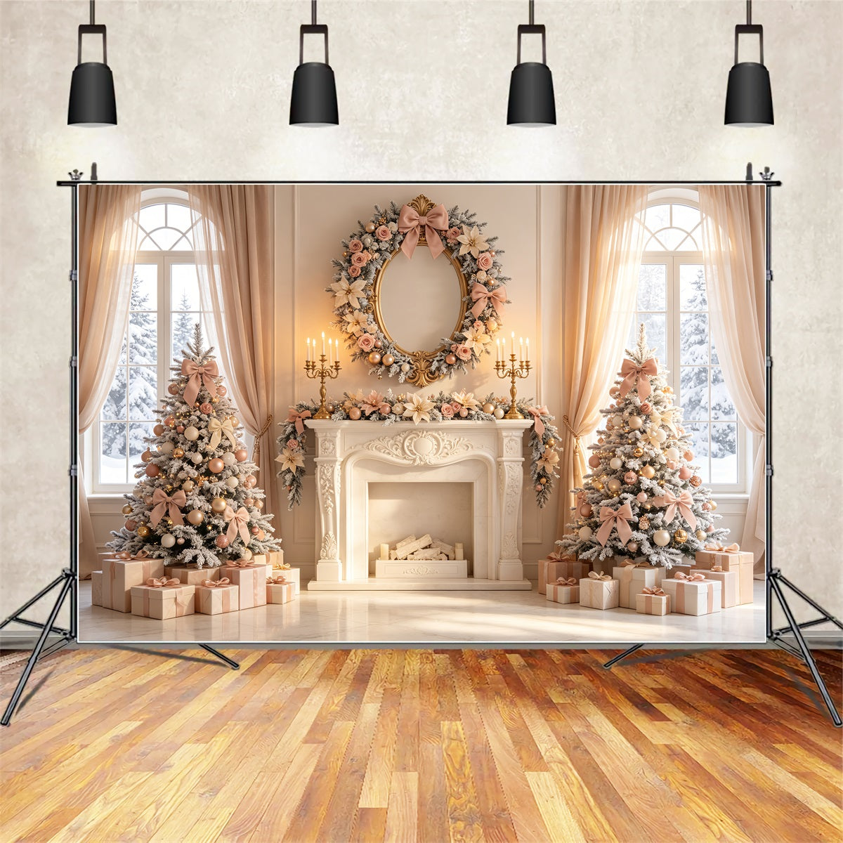 Elegant Christmas Backdrop Blush Floral Fireplace Decor Photo Christmas Backdrop UK CSH69-11