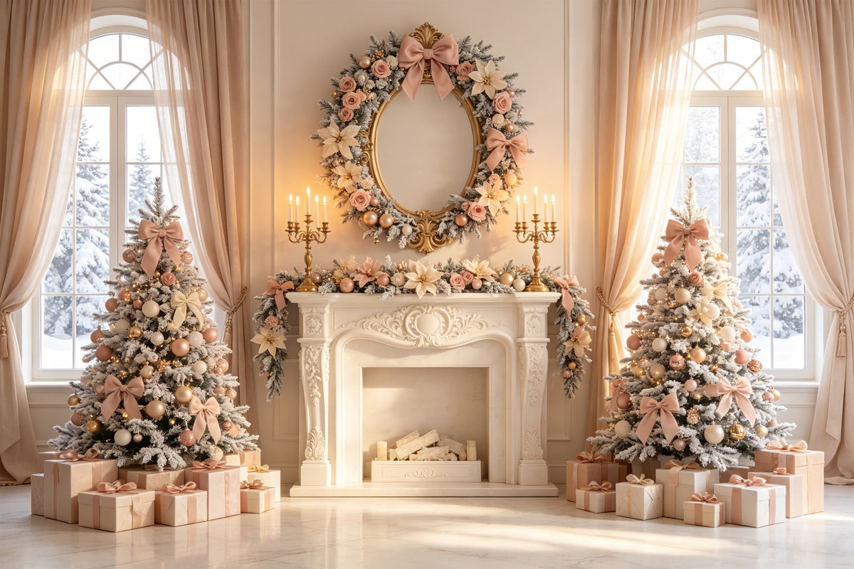 Elegant Christmas Backdrop Blush Floral Fireplace Decor Photo Christmas Backdrop UK CSH69-11