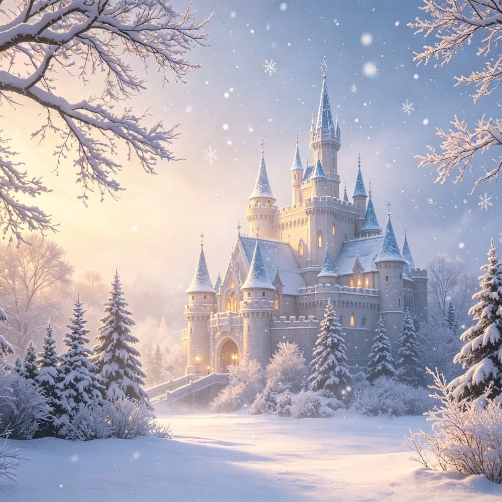 Christmas Wonderland Backdrop Snowy Castle Winter Forest Christmas Studio Backdrops UK CSH69-13