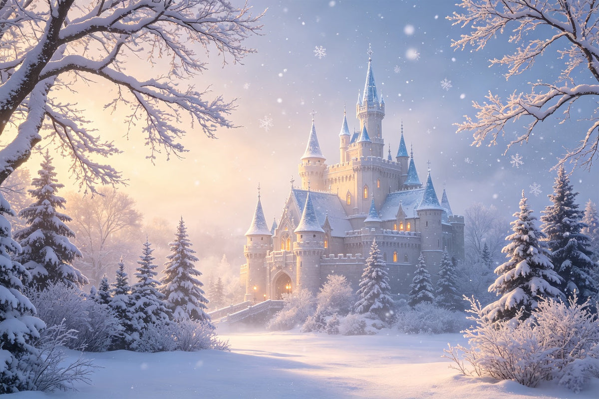 Christmas Wonderland Backdrop Snowy Castle Winter Forest Christmas Studio Backdrops UK CSH69-13