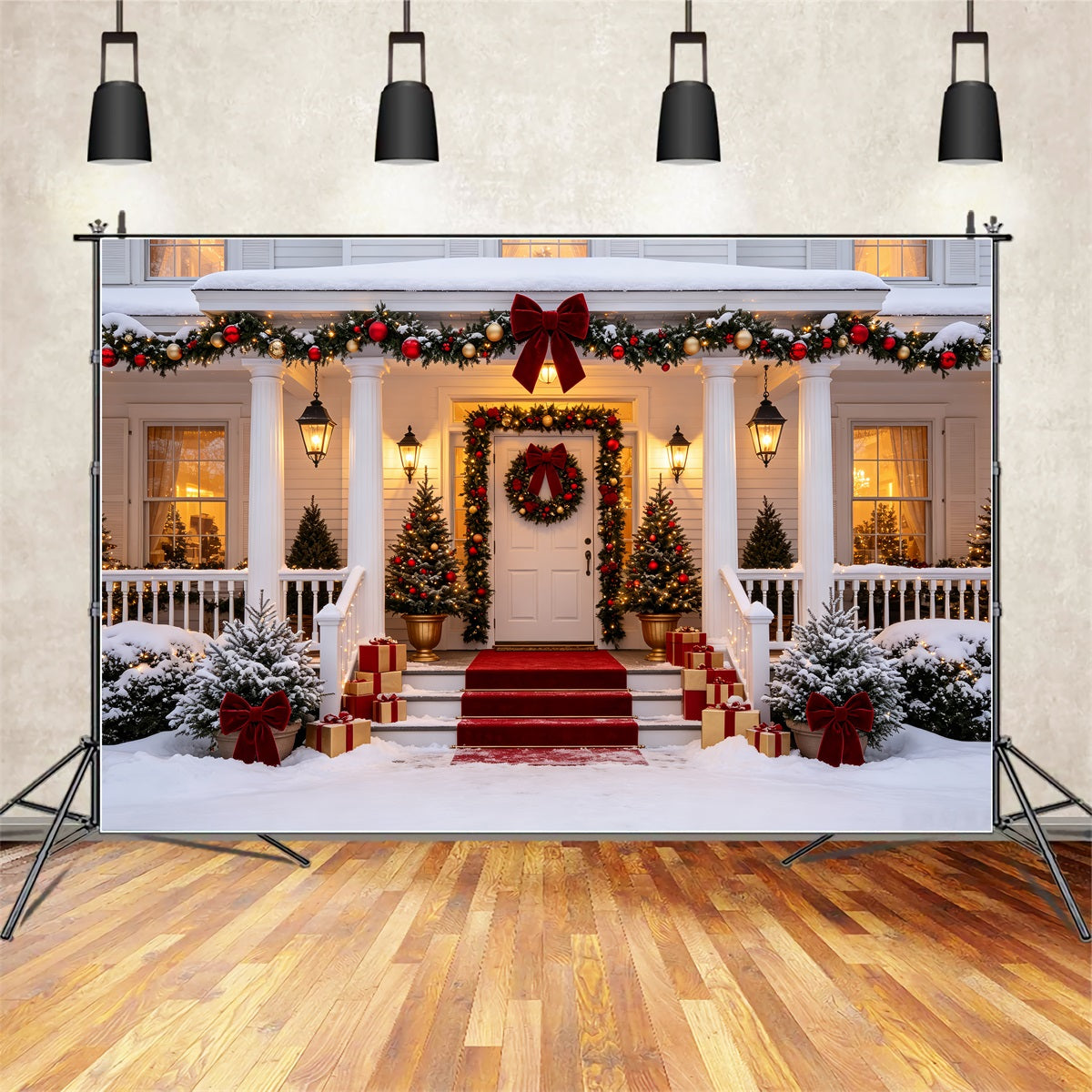Christmas House Backdrop Elegant Snowy Porch Entrance Wall Christmas Backdrop UK CSH69-16