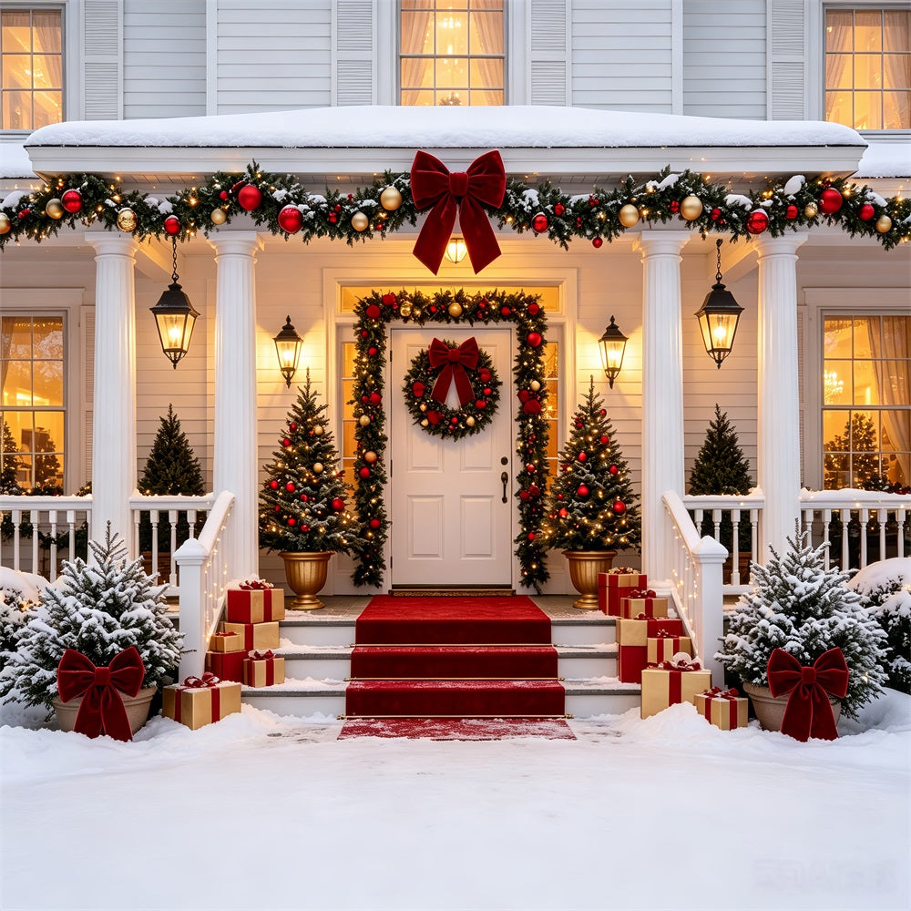Christmas House Backdrop Elegant Snowy Porch Entrance Wall Christmas Backdrop UK CSH69-16