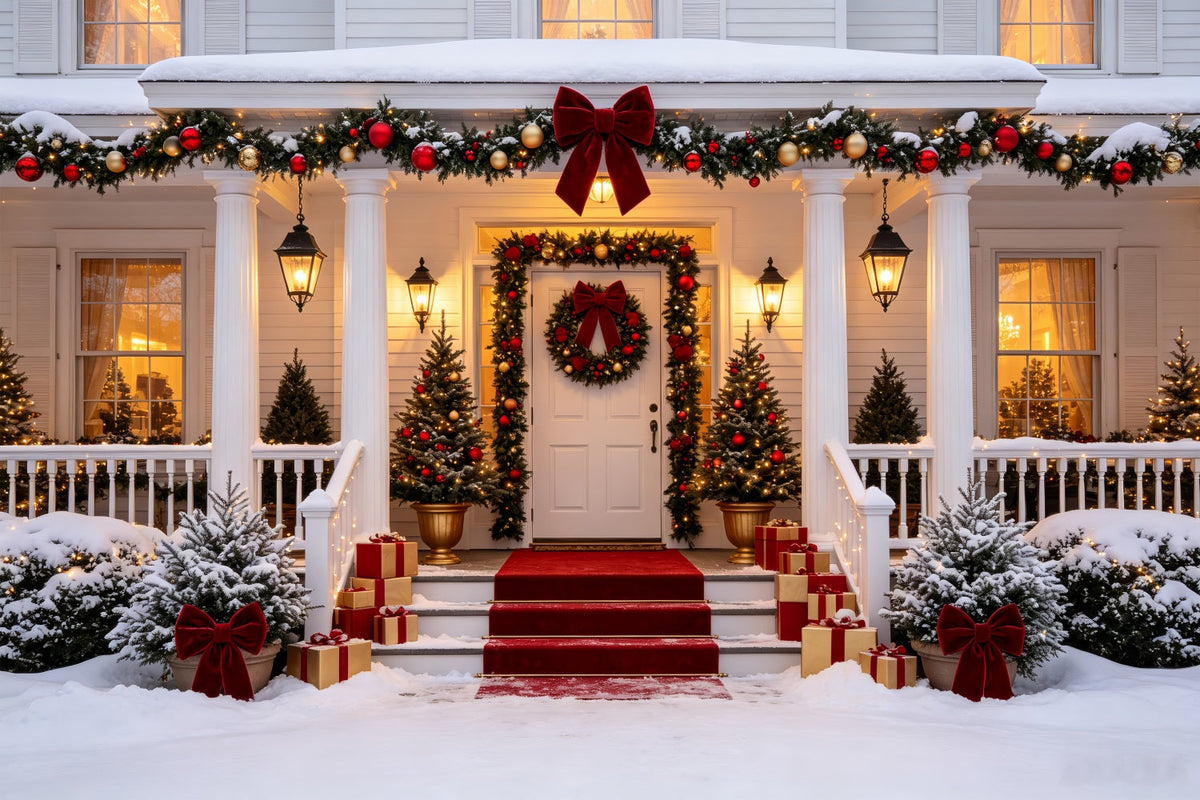 Christmas House Backdrop Elegant Snowy Porch Entrance Wall Christmas Backdrop UK CSH69-16