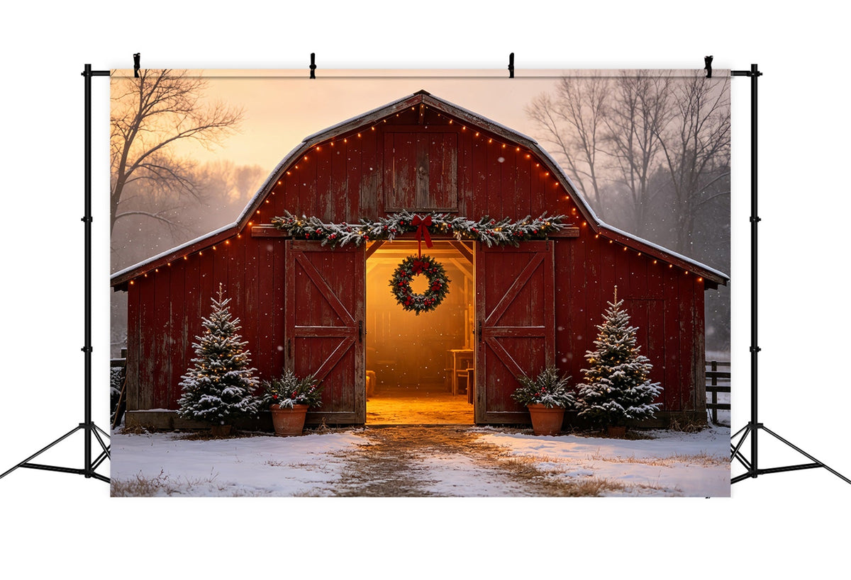 Christmas Farm Backdrop Snowy Red Barn Entrance Christmas Muslin Backdrop UK CSH69-17
