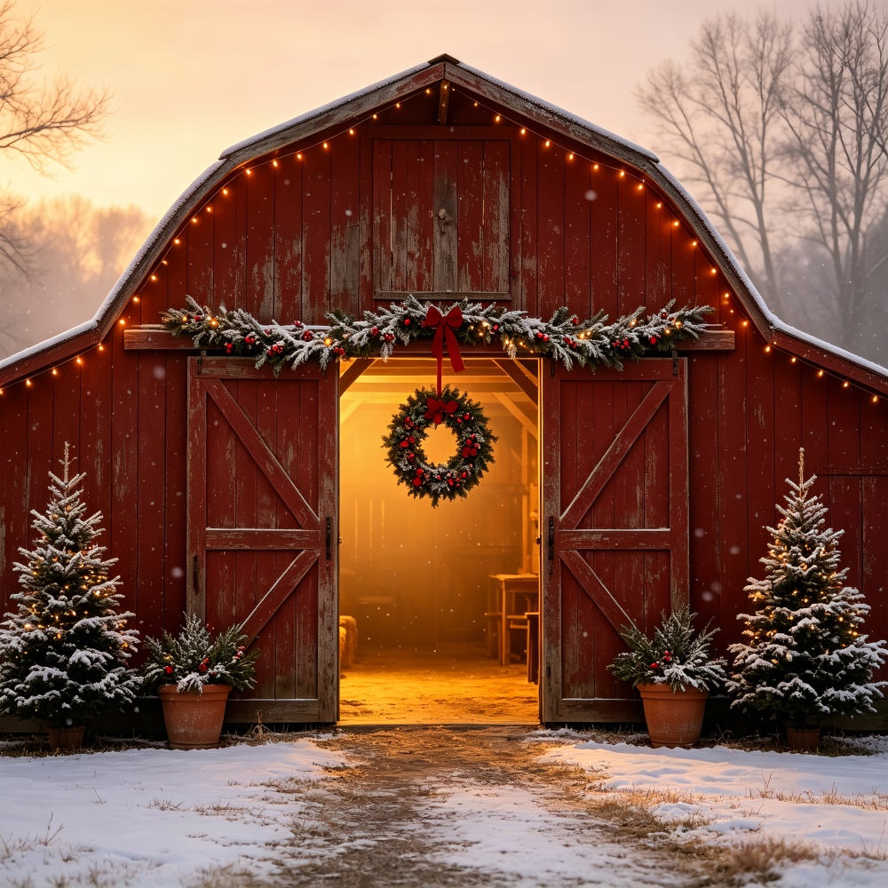 Christmas Farm Backdrop Snowy Red Barn Entrance Christmas Muslin Backdrop UK CSH69-17