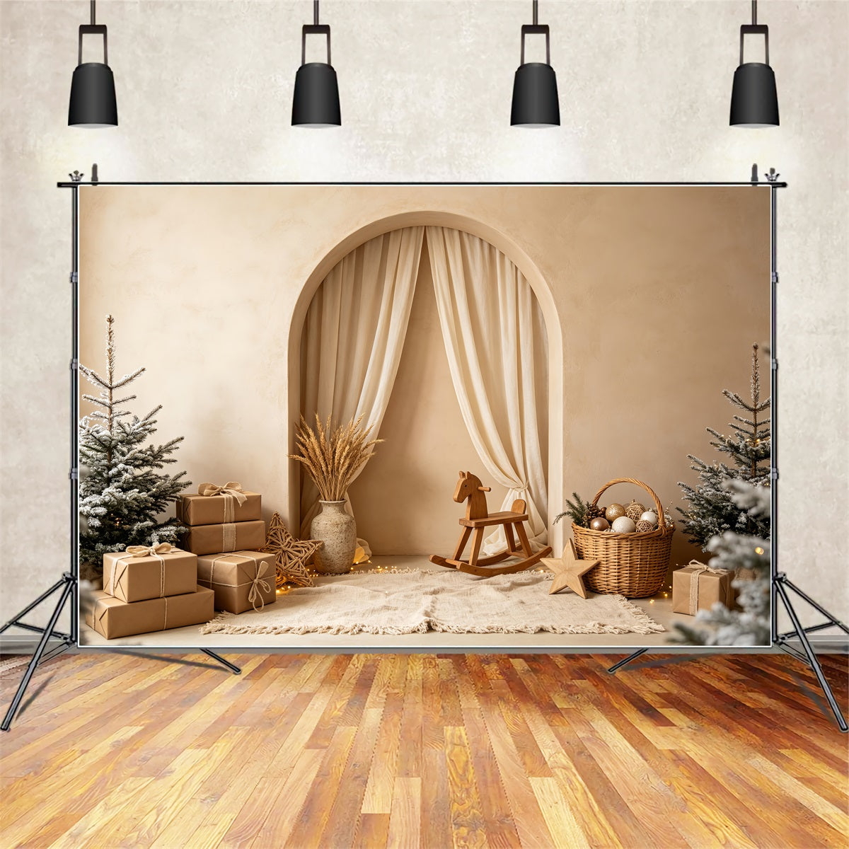 Boho Christmas Backdrop Neutral Arch Rocking Horse Backdrops Christmas UK CSH69-2
