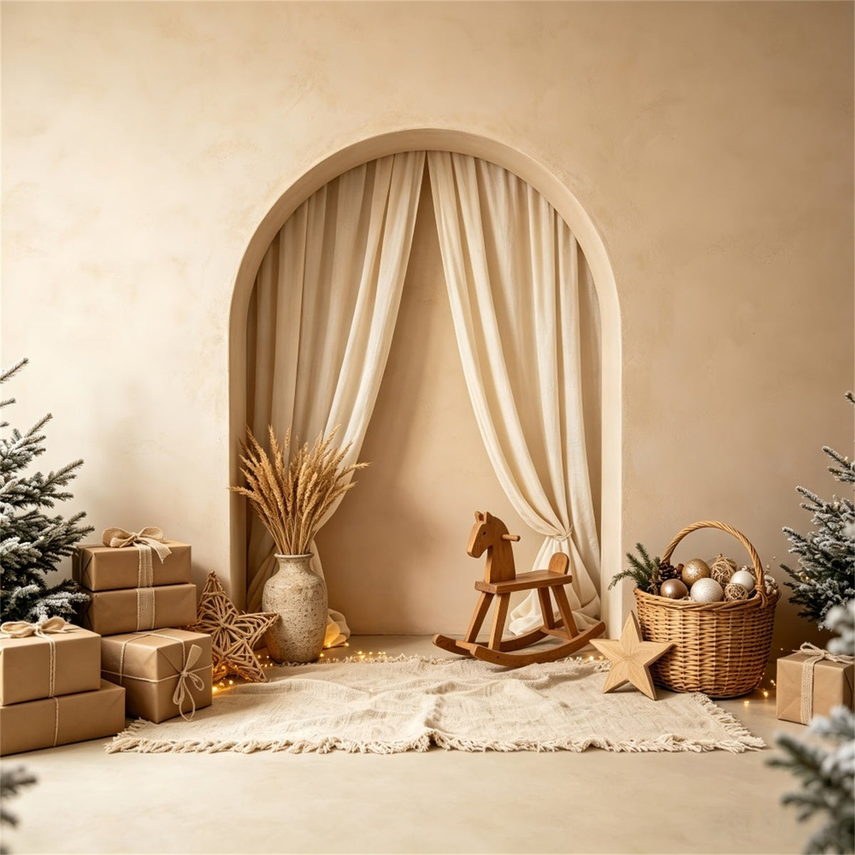 Boho Christmas Backdrop Neutral Arch Rocking Horse Backdrops Christmas UK CSH69-2